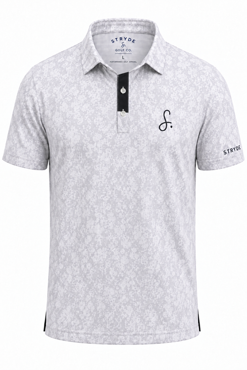 Alpine Polo front with sewn black placket and pearl buttons
