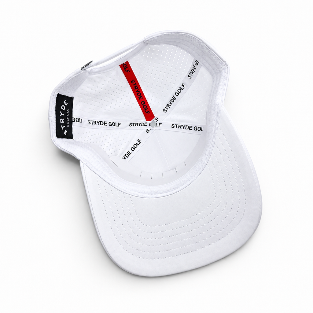 Birdie City Hat interior with matching white fabric and STRYDE GOLF seam tape